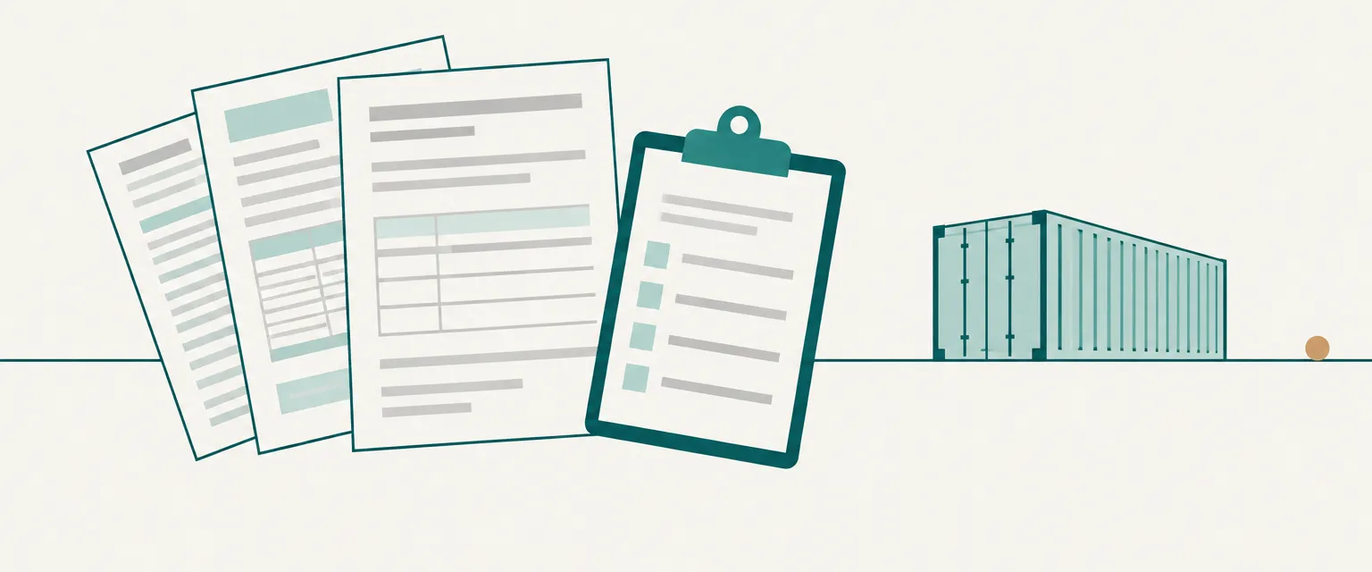 Illustration: a stack of shipping documents and a clipboard beside a container on the horizon