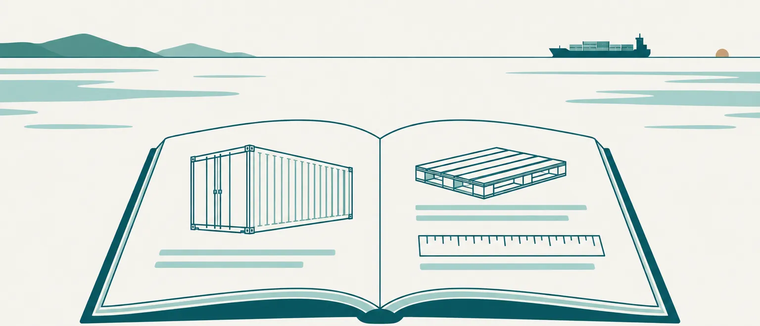 Illustration: an open guidebook with a container and a pallet drawn on its pages, a ship on the horizon beyond
